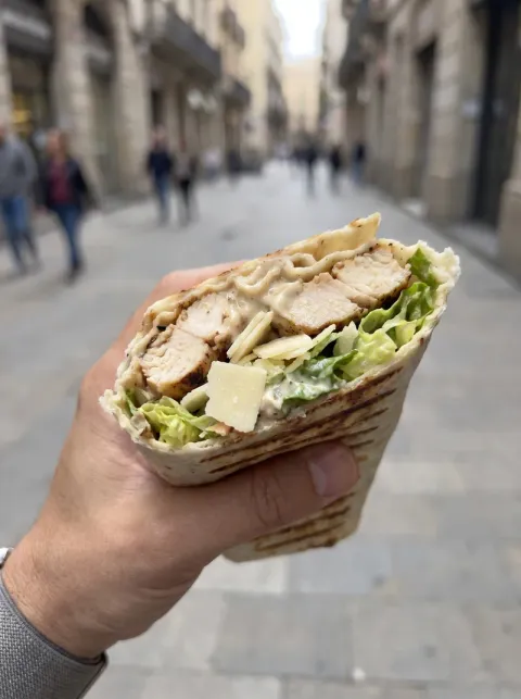 A caesar wrap held in one hand on a city street