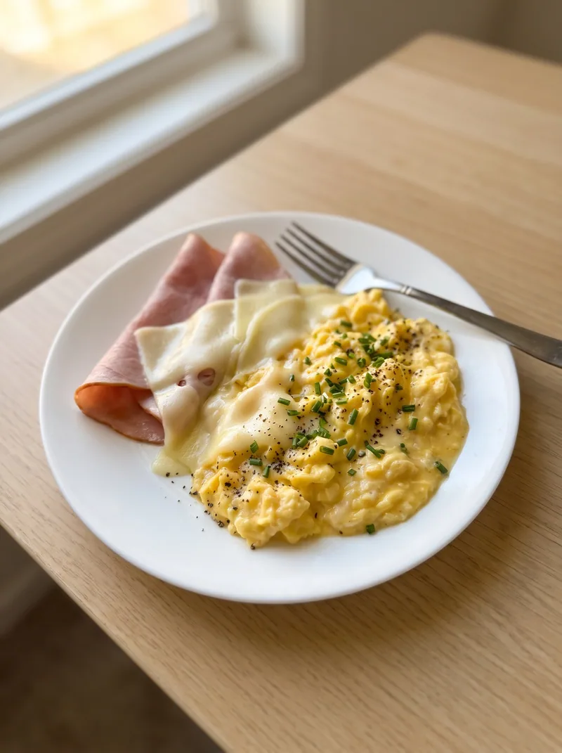 Eggs, ham and cheese on a breakfast plate