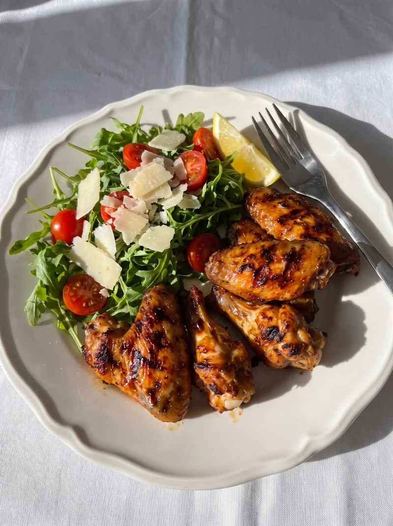 Grilled chicken wings with an arugula salad